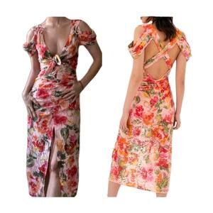 For Love And Lemons Beth Midi Lace Floral Ruched Midi Dress Size Medium